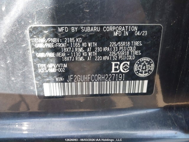 Aukcja sprzedaży 2024 Subaru Crosstrek Sport, vin: JF2GUHFC0RH227191, numer aukcji: 12626093