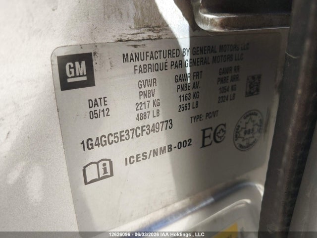 12626096 :رقم المزاد ، 1G4GC5E37CF349773 vin ، 2012 Buick Lacrosse مزاد بيع