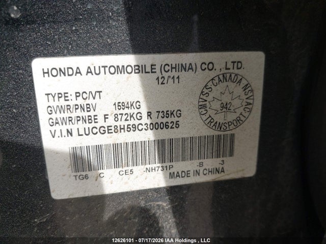 12626101 :رقم المزاد ، LUCGE8H59C3000625 vin ، 2012 Honda Fit Lx مزاد بيع