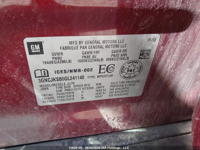 12626105 :رقم المزاد ، 3GNCJKSB6GL241148 vin ، 2016 Chevrolet Trax Ls Fwd مزاد بيع