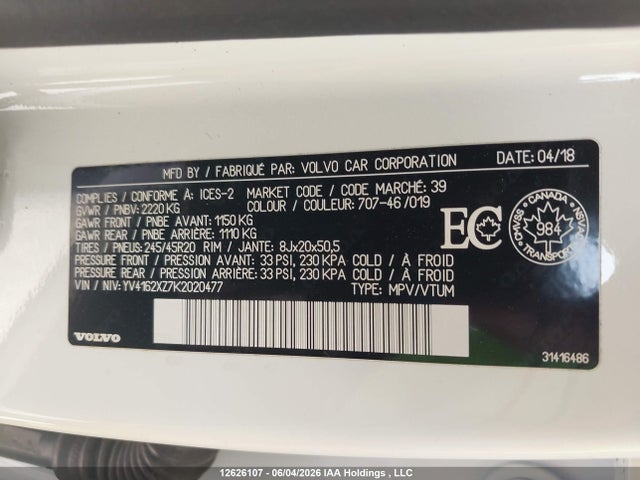 12626107 :رقم المزاد ، YV4162XZ7K2020477 vin ، 2019 Volvo Xc40 T5 Momentum/t5 R-design مزاد بيع