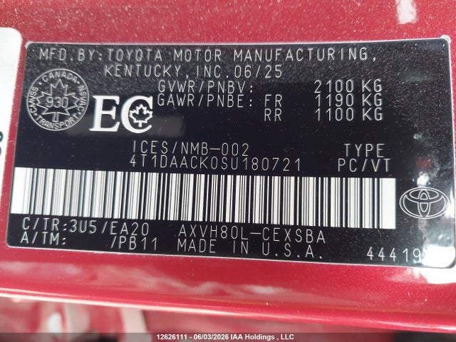 Aukcja sprzedaży 2025 Toyota Camry Xse/xle/le/se, vin: 4T1DAACK0SU180721, numer aukcji: 12626111