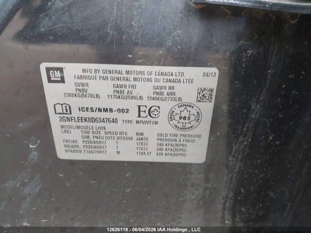 Продаж на аукціоні авто 2013 Chevrolet Equinox Lt, vin: 2GNFLEEK8D6347640, номер лоту: 12626119