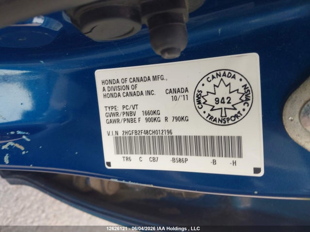 Aukcja sprzedaży 2012 Honda Civic Lx, vin: 2HGFB2F48CH012196, numer aukcji: 12626121