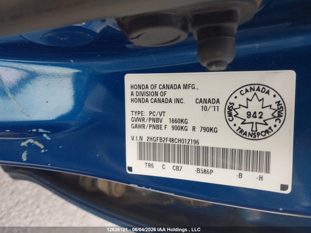 Aukcja sprzedaży 2012 Honda Civic Lx, vin: 2HGFB2F48CH012196, numer aukcji: 12626121
