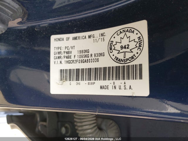 Honda ACCORD EX 2016 1HGCR2F09GA803336 Image 9