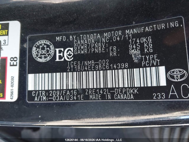 12626144 :رقم المزاد ، 2T1BU4EE9BC614398 vin ، 2011 Toyota Corolla Ce مزاد بيع