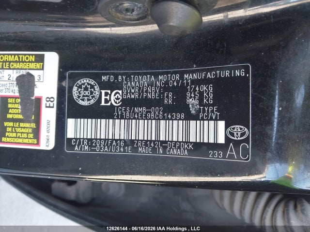 12626144 :رقم المزاد ، 2T1BU4EE9BC614398 vin ، 2011 Toyota Corolla Ce مزاد بيع