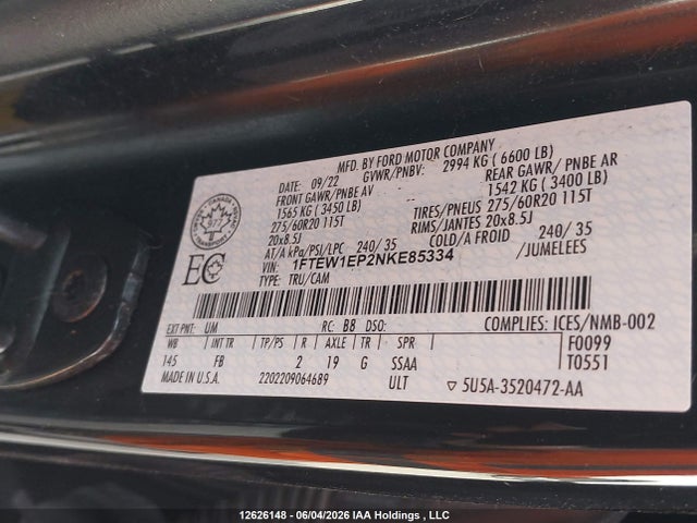 Ford F150 Supercrew 2022 1FTEW1EP2NKE85334 Image 9