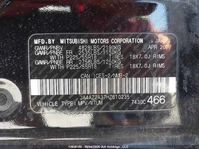 Продаж на аукціоні авто 2017 Mitsubishi Outlander Es, vin: JA4AZ2A37HZ610235, номер лоту: 12626155