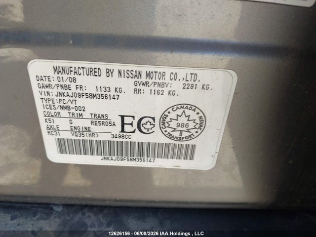 2008 Infiniti Ex35 Journey მანქანა იყიდება აუქციონზე, vin: JNKAJ09F58M356147, აუქციონის ნომერი: 12626156