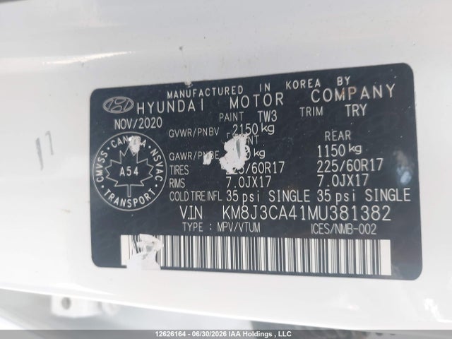 12626164 :رقم المزاد ، KM8J3CA41MU381382 vin ، 2021 Hyundai Tucson Preferred Awd With Sun And Leather Package مزاد بيع