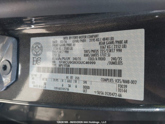 12626169 :رقم المزاد ، 1FMCU9G93GUC46999 vin ، 2016 Ford Escape Se مزاد بيع