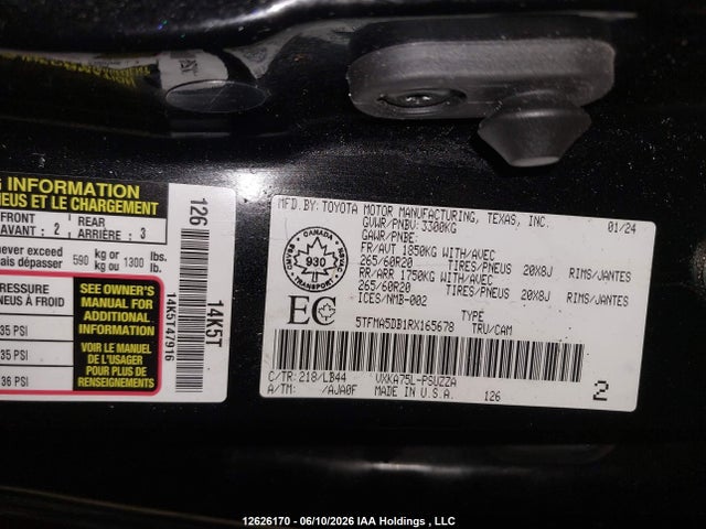 12626170 :رقم المزاد ، 5TFMA5DB1RX165678 vin ، 2024 Toyota Tundra Platinum 4x4 مزاد بيع