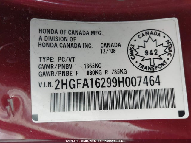 12626179 :رقم المزاد ، 2HGFA16299H007464 vin ، 2009 Honda Civic Dx/dx-a مزاد بيع
