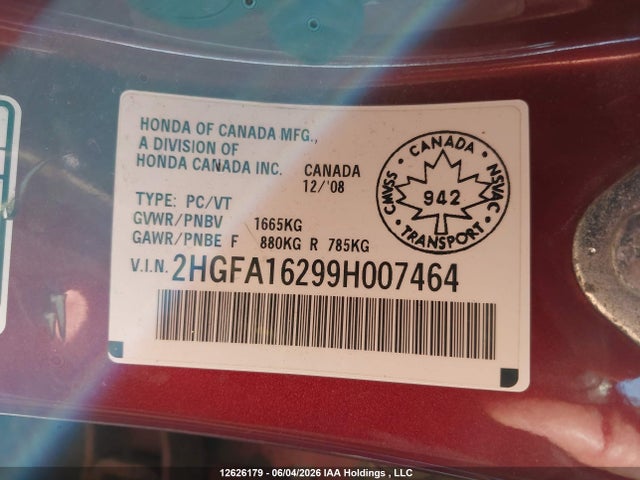 12626179 :رقم المزاد ، 2HGFA16299H007464 vin ، 2009 Honda Civic Dx/dx-a مزاد بيع