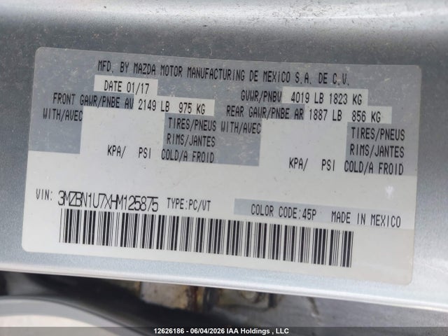 3MZBN1U7XHM125875 Mazda Mazda3 Gx