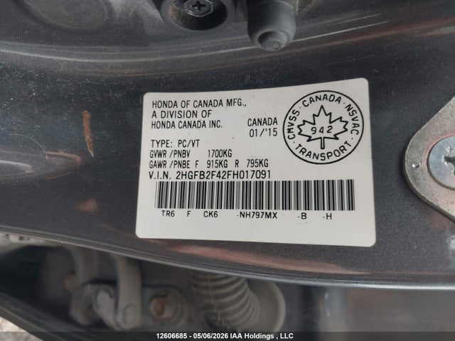 2015 Honda Civic Lx მანქანა იყიდება აუქციონზე, vin: 2HGFB2F42FH017091, აუქციონის ნომერი: 12606685