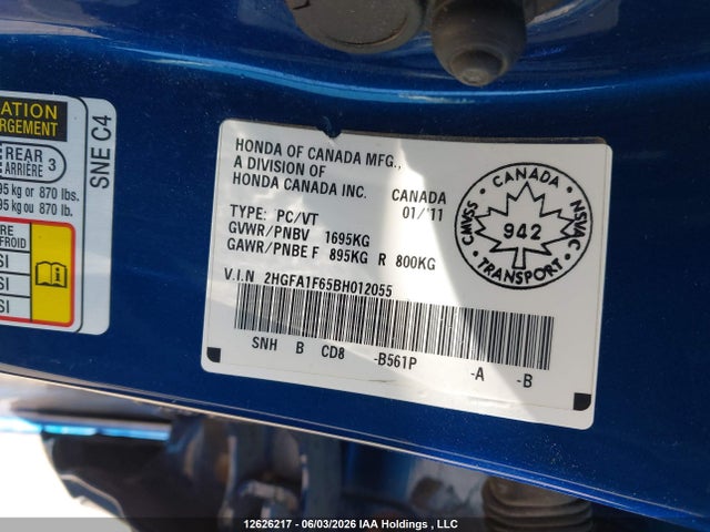 2011 Honda Civic Lx-s მანქანა იყიდება აუქციონზე, vin: 2HGFA1F65BH012055, აუქციონის ნომერი: 12626217