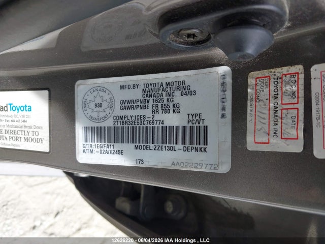 Продаж на аукціоні авто 2003 Toyota Corolla Ce/le/s, vin: 2T1BR32E53C769774, номер лоту: 12626220