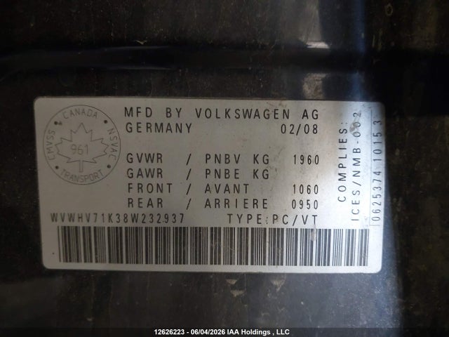 12626223 :رقم المزاد ، WVWHV71K38W232937 vin ، 2008 Volkswagen Golf Gti مزاد بيع