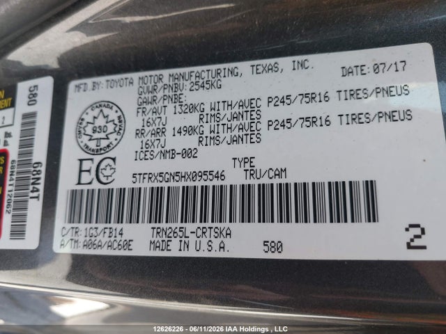 12626226 :رقم المزاد ، 5TFRX5GN5HX095546 vin ، 2017 Toyota Tacoma Access Cab/sr/sr5 مزاد بيع