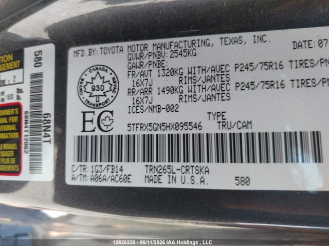 12626226 :رقم المزاد ، 5TFRX5GN5HX095546 vin ، 2017 Toyota Tacoma Access Cab/sr/sr5 مزاد بيع