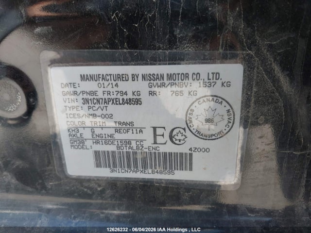 Aukcja sprzedaży 2014 Nissan Versa S/s Plus/sv/sl, vin: 3N1CN7APXEL848595, numer aukcji: 12626232