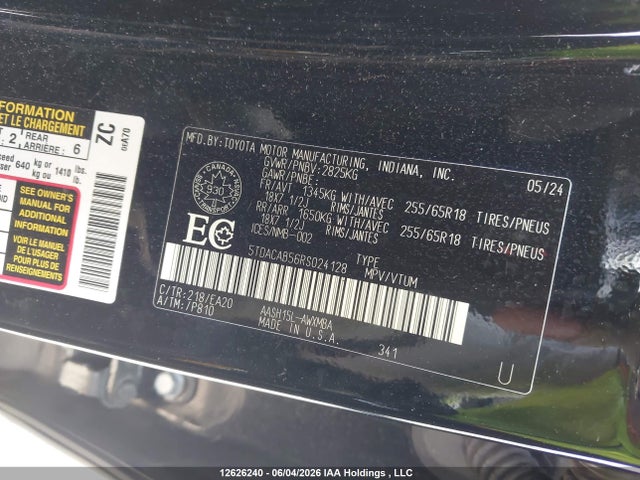 2024 Toyota Grand Highlander Xle/limited მანქანა იყიდება აუქციონზე, vin: 5TDACAB56RS024128, აუქციონის ნომერი: 12626240
