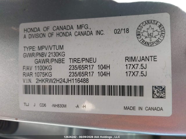 Aukcja sprzedaży 2018 Honda Cr-v Lx, vin: 2HKRW2H24JH116488, numer aukcji: 12626242