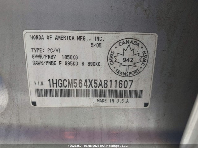 Aukcja sprzedaży 2005 Honda Accord Lx, vin: 1HGCM564X5A811607, numer aukcji: 12626260
