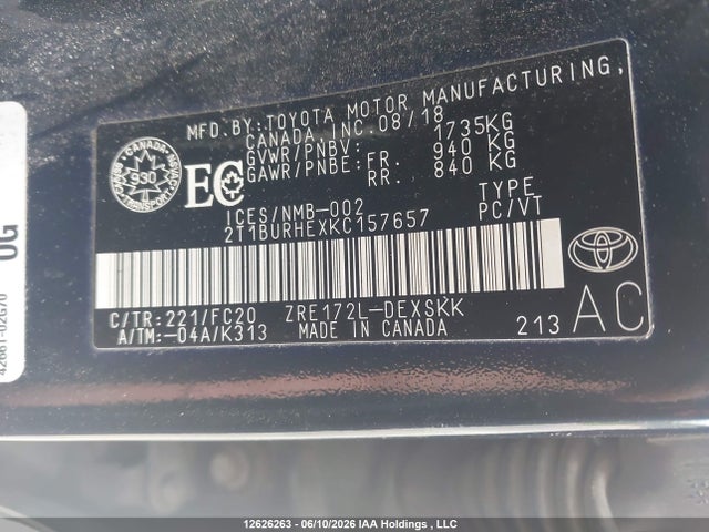 12626263 :رقم المزاد ، 2T1BURHEXKC157657 vin ، 2019 Toyota Corolla Se مزاد بيع