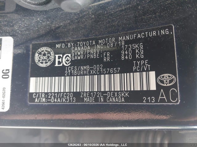 12626263 :رقم المزاد ، 2T1BURHEXKC157657 vin ، 2019 Toyota Corolla Se مزاد بيع