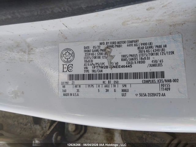 Продаж на аукціоні авто 2022 Ford F250 Super Duty, vin: 1FT7W2BT5NEE46445, номер лоту: 12626266