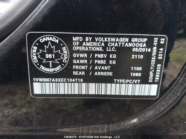 Aukcja sprzedaży 2014 Volkswagen Passat 2.0 Tdi Comfortline, vin: 1VWBN7A3XEC104719, numer aukcji: 12626270
