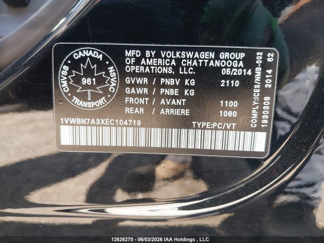 Aukcja sprzedaży 2014 Volkswagen Passat 2.0 Tdi Comfortline, vin: 1VWBN7A3XEC104719, numer aukcji: 12626270