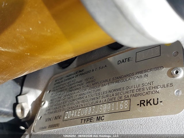 2018 Aprilia Rsv 4 Rf მანქანა იყიდება აუქციონზე, vin: ZD4KEU003JS001168, აუქციონის ნომერი: 12626284