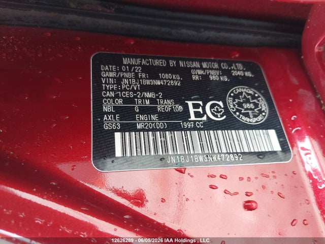 Продажа на аукционе авто 2022 Nissan Qashqai, vin: JN1BJ1BW3NW472892, номер лота: 12626289