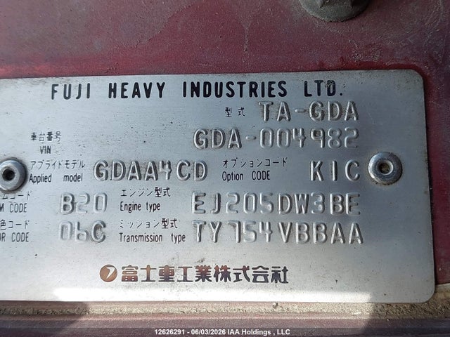 12626291 :رقم المزاد ، GDA004982 vin ، 2000 Subaru Wrx مزاد بيع