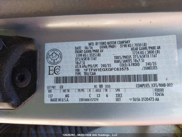 Aukcja sprzedaży 2016 Ford F150 Supercrew, vin: 1FTFW1EGXGFC63575, numer aukcji: 12626292