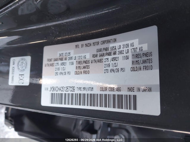 12626293 :رقم المزاد ، JM3KKDHA0S1257039 vin ، 2025 Mazda Cx-90 Premium مزاد بيع
