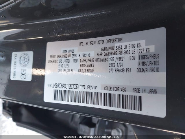12626293 :رقم المزاد ، JM3KKDHA0S1257039 vin ، 2025 Mazda Cx-90 Premium مزاد بيع