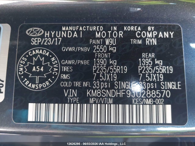 Продаж на аукціоні авто 2018 Hyundai Santa Fe Se/limited, vin: KM8SNDHF9JU288570, номер лоту: 12626295