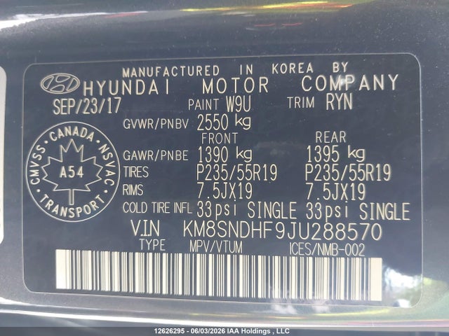 Продаж на аукціоні авто 2018 Hyundai Santa Fe Se/limited, vin: KM8SNDHF9JU288570, номер лоту: 12626295