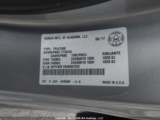 Продаж на аукціоні авто 2017 Honda Ridgeline Sport, vin: 5FPYK3F19HB507322, номер лоту: 12626296