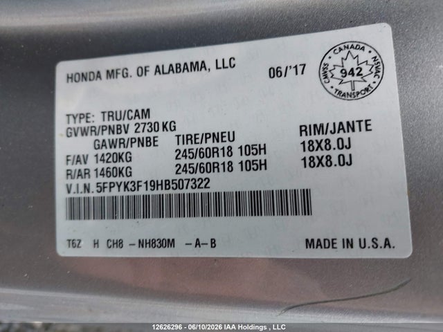 Продаж на аукціоні авто 2017 Honda Ridgeline Sport, vin: 5FPYK3F19HB507322, номер лоту: 12626296