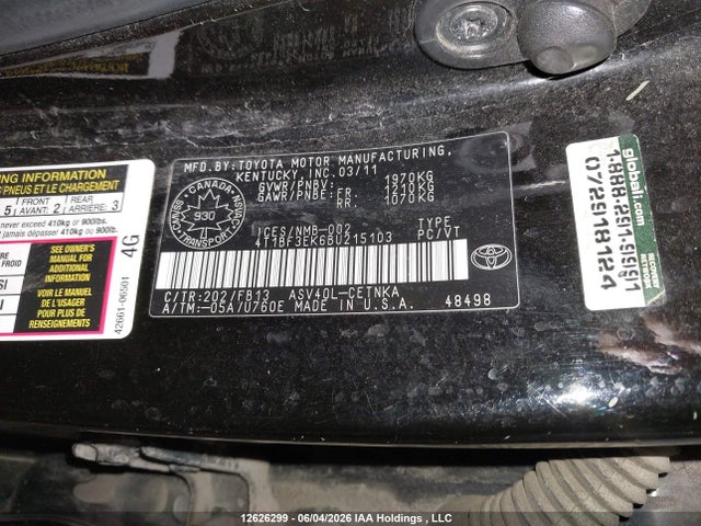 2011 Toyota Camry Se/le/xle მანქანა იყიდება აუქციონზე, vin: 4T1BF3EK6BU215103, აუქციონის ნომერი: 12626299