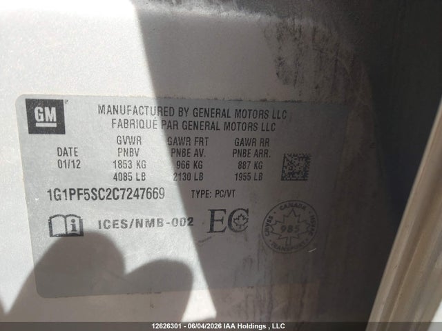 Продаж на аукціоні авто 2012 Chevrolet Cruze Lt, vin: 1G1PF5SC2C7247669, номер лоту: 12626301