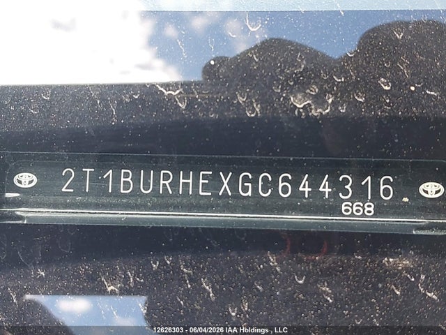 2016 Toyota Corolla L/le/le Pls/prm/s/s Pls მანქანა იყიდება აუქციონზე, vin: 2T1BURHEXGC644316, აუქციონის ნომერი: 12626303