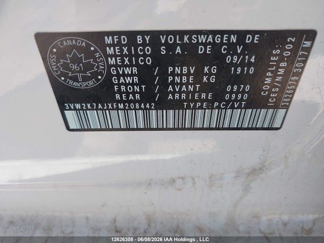 Продажа на аукционе авто 2015 Volkswagen Jetta S, vin: 3VW2K7AJXFM208442, номер лота: 12626308